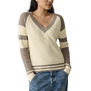 FAHERTY Throwback Waffle V-Neck Top Fenway Beige Brown Stripes Preppy Medium